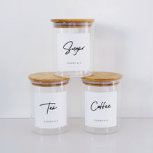 Load image into Gallery viewer, Set Of 3 Glass & Bamboo Jars - Tea, Coffee & Sugar