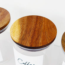 Load image into Gallery viewer, Set Of 3 Glass & Acacia Jars - Tea, Coffee & Sugar