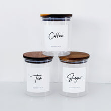 Load image into Gallery viewer, Set Of 3 Glass & Acacia Jars - Tea, Coffee & Sugar