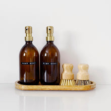 Load image into Gallery viewer, Set Of 2 Amber Bottles - Glass Or Plastic - Hand Soap & Dish Soap - Light Brushed Gold Metal Pumps