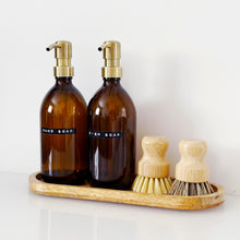 Load image into Gallery viewer, Set Of 2 Amber Bottles - Glass Or Plastic - Hand Soap & Dish Soap - Light Brushed Gold Metal Pumps