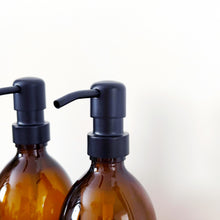 Load image into Gallery viewer, Set Of 2 Amber Bottles - Glass Or Plastic - Hand Soap & Dish Soap - Black Metal Pumps
