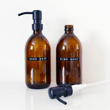 Load image into Gallery viewer, Set Of 2 Amber Bottles - Glass Or Plastic - Hand Soap & Dish Soap - Black Metal Pumps