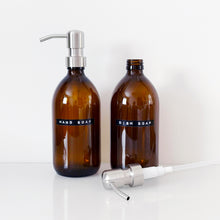 Load image into Gallery viewer, Set Of 2 Amber Bottles - Glass Or Plastic - Hand Soap & Dish Soap - Silver Metal Pumps