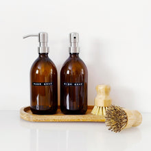 Load image into Gallery viewer, Set Of 2 Amber Bottles - Glass Or Plastic - Hand Soap & Dish Soap - Silver Metal Pumps