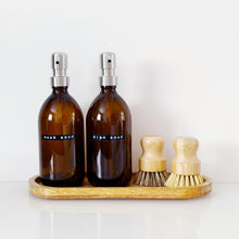 Load image into Gallery viewer, Set Of 2 Amber Bottles - Glass Or Plastic - Hand Soap & Dish Soap - Silver Metal Pumps