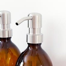 Load image into Gallery viewer, Set Of 2 Amber Bottles - Glass Or Plastic - Hand Soap & Dish Soap - Silver Metal Pumps