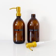 Load image into Gallery viewer, Set Of 2 Amber Bottles - Glass Or Plastic - Hand Soap & Dish Soap - Gold Metal Pumps
