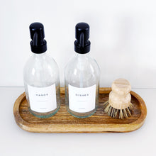 Load image into Gallery viewer, Set Of 2 Clear Bottles - Glass Or Plastic - Hands & Dishes - Black Metal Pumps