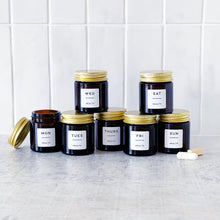 Load image into Gallery viewer, Set Of 7 Mini Amber Glass Jars With Gold Lids And White Labels