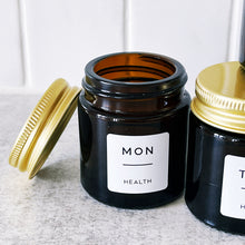 Load image into Gallery viewer, Set Of 7 Mini Amber Glass Jars With Gold Lids And White Labels