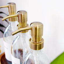 Load image into Gallery viewer, Set Of 3 Clear Bottles - Glass Or Plastic - Shampoo, Conditioner & Body Wash - Brushed Light Gold Metal Pumps
