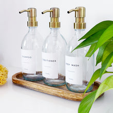 Load image into Gallery viewer, Set Of 3 Clear Bottles - Glass Or Plastic - Shampoo, Conditioner & Body Wash - Brushed Light Gold Metal Pumps