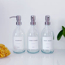 Load image into Gallery viewer, Set Of 3 Clear Bottles - Glass Or Plastic - Shampoo, Conditioner & Body Wash - Silver Metal Pumps