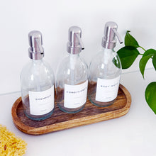 Load image into Gallery viewer, Set Of 3 Clear Bottles - Glass Or Plastic - Shampoo, Conditioner & Body Wash - Silver Metal Pumps