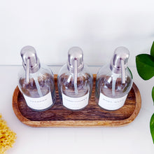 Load image into Gallery viewer, Set Of 3 Clear Bottles - Glass Or Plastic - Shampoo, Conditioner & Body Wash - Silver Metal Pumps
