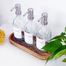 Load image into Gallery viewer, Set Of 3 Clear Bottles - Glass Or Plastic - Shampoo, Conditioner & Body Wash - Silver Metal Pumps