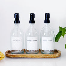 Load image into Gallery viewer, Set Of 3 Clear Bottles - Glass Or Plastic - Shampoo, Conditioner & Body Wash - Black Metal Pumps