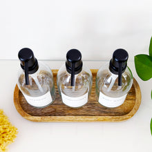 Load image into Gallery viewer, Set Of 3 Clear Bottles - Glass Or Plastic - Shampoo, Conditioner & Body Wash - Black Metal Pumps