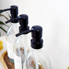 Load image into Gallery viewer, Set Of 3 Clear Bottles - Glass Or Plastic - Shampoo, Conditioner & Body Wash - Black Metal Pumps