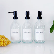 Load image into Gallery viewer, Set Of 3 Clear Bottles - Glass Or Plastic - Shampoo, Conditioner & Body Wash - Black Metal Pumps
