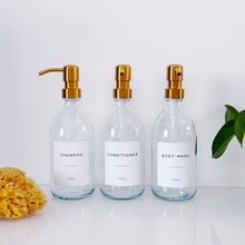 Load image into Gallery viewer, Set Of 3 Clear Bottles - Glass Or Plastic - Shampoo, Conditioner & Body Wash - Gold Metal Pumps (Copy)