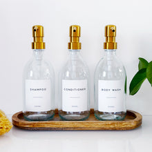 Load image into Gallery viewer, Set Of 3 Clear Bottles - Glass Or Plastic - Shampoo, Conditioner & Body Wash - Gold Metal Pumps (Copy)