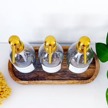 Load image into Gallery viewer, Set Of 3 Clear Bottles - Glass Or Plastic - Shampoo, Conditioner & Body Wash - Gold Metal Pumps (Copy)