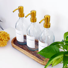 Load image into Gallery viewer, Set Of 3 Clear Bottles - Glass Or Plastic - Shampoo, Conditioner & Body Wash - Gold Metal Pumps (Copy)