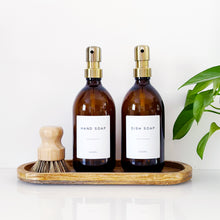 Load image into Gallery viewer, Set Of 2 Amber Bottles - Glass Or Plastic - Hand Soap & Dish Soap - Brushed Light Gold Metal Pumps