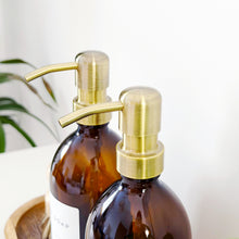 Load image into Gallery viewer, Set Of 2 Amber Bottles - Glass Or Plastic - Hand Soap & Dish Soap - Brushed Light Gold Metal Pumps