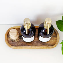 Load image into Gallery viewer, Set Of 2 Amber Bottles - Glass Or Plastic - Hand Soap & Dish Soap - Brushed Light Gold Metal Pumps