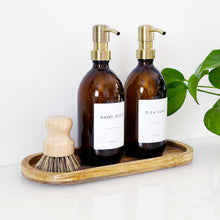 Load image into Gallery viewer, Set Of 2 Amber Bottles - Glass Or Plastic - Hand Soap & Dish Soap - Brushed Light Gold Metal Pumps