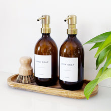 Load image into Gallery viewer, Set Of 2 Amber Bottles - Glass Or Plastic - Hand Soap & Dish Soap - Brushed Light Gold Metal Pumps