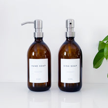 Load image into Gallery viewer, Set Of 2 Amber Bottles - Glass Or Plastic - Hand Soap & Dish Soap - Silver Metal Pumps