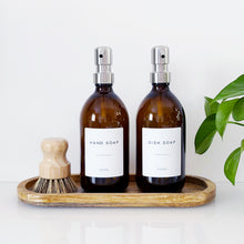 Load image into Gallery viewer, Set Of 2 Amber Bottles - Glass Or Plastic - Hand Soap & Dish Soap - Silver Metal Pumps