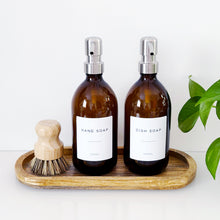Load image into Gallery viewer, Set Of 2 Amber Bottles - Glass Or Plastic - Hand Soap & Dish Soap - Silver Metal Pumps