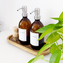 Load image into Gallery viewer, Set Of 2 Amber Bottles - Glass Or Plastic - Hand Soap & Dish Soap - Silver Metal Pumps