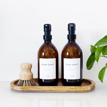 Load image into Gallery viewer, Set Of 2 Amber Bottles - Glass Or Plastic - Hand Soap & Dish Soap - Black Metal Pumps