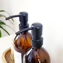 Load image into Gallery viewer, Set Of 2 Amber Bottles - Glass Or Plastic - Hand Soap & Dish Soap - Black Metal Pumps