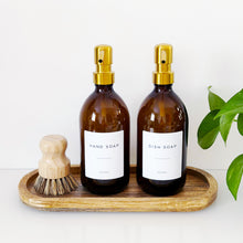 Load image into Gallery viewer, Set Of 2 Amber Bottles - Glass Or Plastic - Hand Soap & Dish Soap - Gold Metal Pumps