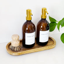 Load image into Gallery viewer, Set Of 2 Amber Bottles - Glass Or Plastic - Hand Soap & Dish Soap - Gold Metal Pumps