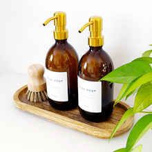 Load image into Gallery viewer, Set Of 2 Amber Bottles - Glass Or Plastic - Hand Soap & Dish Soap - Gold Metal Pumps