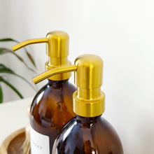 Load image into Gallery viewer, Set Of 2 Amber Bottles - Glass Or Plastic - Hand Soap & Dish Soap - Gold Metal Pumps