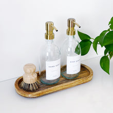 Load image into Gallery viewer, Set Of 2 Clear Bottles - Glass Or Plastic - Hand Soap & Dish Soap - Brushed Light Gold Metal Pumps