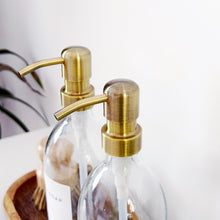 Load image into Gallery viewer, Set Of 2 Clear Bottles - Glass Or Plastic - Hand Soap & Dish Soap - Brushed Light Gold Metal Pumps
