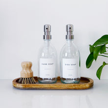 Load image into Gallery viewer, Set Of 2 Clear Bottles - Glass Or Plastic - Hand Soap & Dish Soap - Silver Metal Pumps