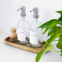 Load image into Gallery viewer, Set Of 2 Clear Bottles - Glass Or Plastic - Hand Soap & Dish Soap - Silver Metal Pumps