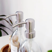 Load image into Gallery viewer, Set Of 2 Clear Bottles - Glass Or Plastic - Hand Soap & Dish Soap - Silver Metal Pumps
