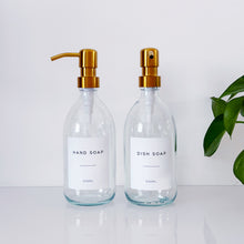 Load image into Gallery viewer, Set Of 2 Clear Bottles - Glass Or Plastic - Hand Soap & Dish Soap - Gold Metal Pumps